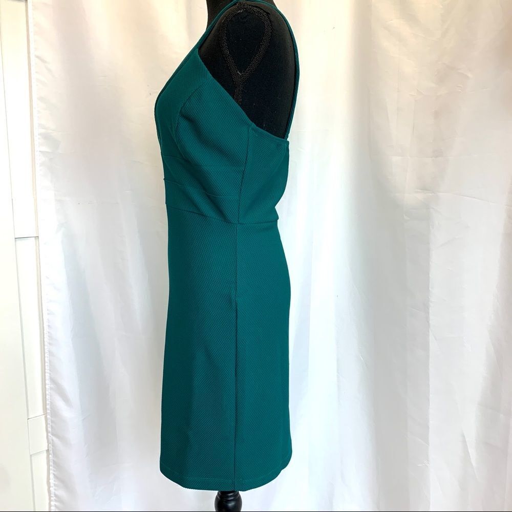 GREEN sleeveless deep V bodycon mini dress Sz L - Picture 4 of 11